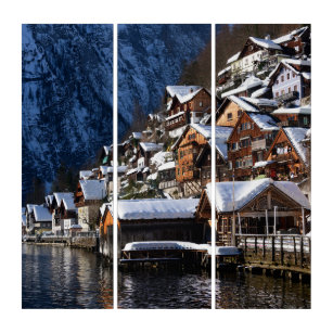 Wooden lakeside houses in Hallstatt, Austria Triptych