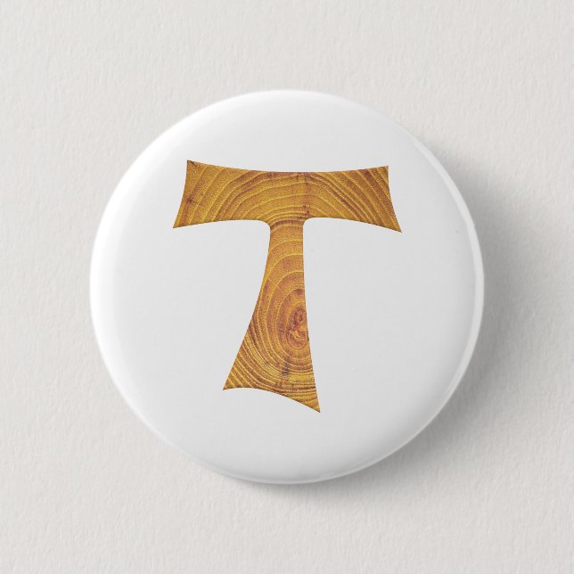 Wooden Look Franciscan Tau Cross 2 Inch Round Button (Front)