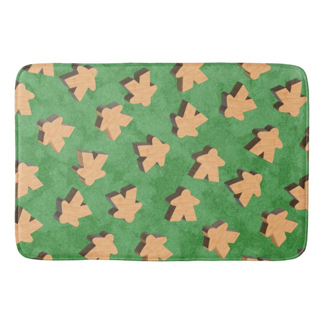 Wooden Meeples on Green Bath Mat (Front)