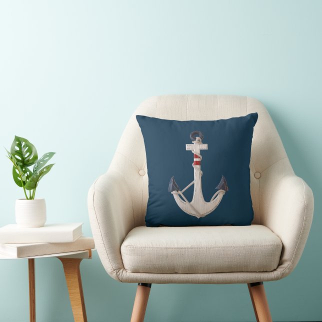 Wooden Nautical Anchor On Navy Blue Throw Pillow (Chair)
