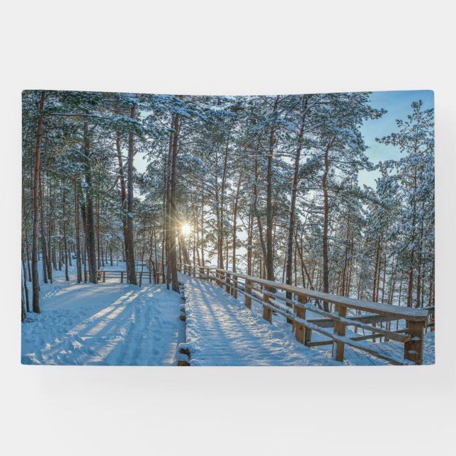 Wooden path across snowy winter forest banner (Horizontal)