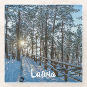 Wooden path across snowy winter forest glass coaster