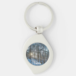 Wooden path across snowy winter forest keychain