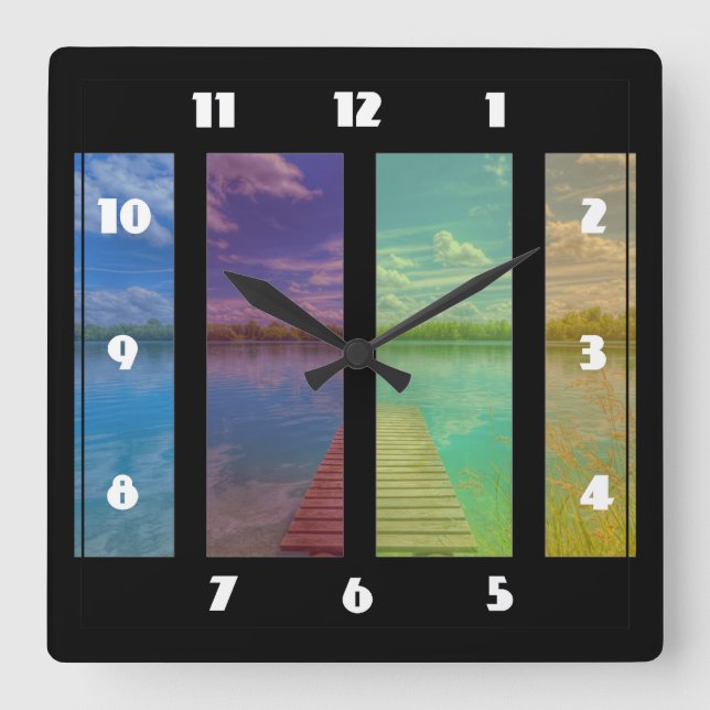 Wooden Pier over a Calm Lake Landscape Square Wall Clock (Front)