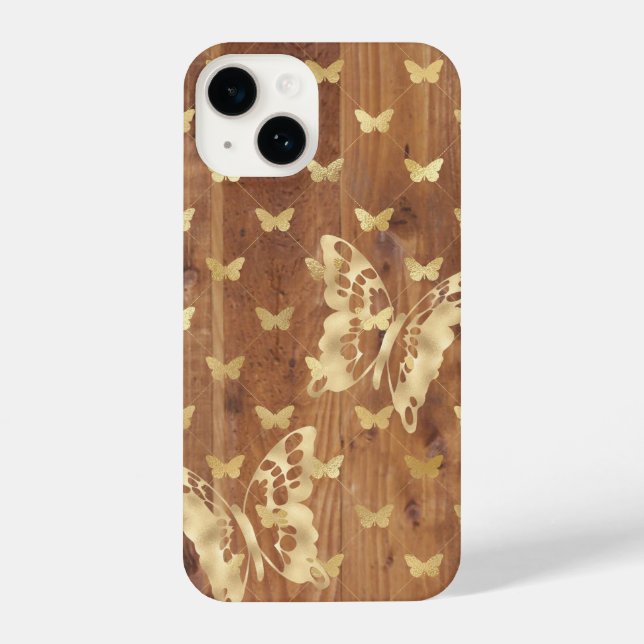 Wooden Plank Golden Butterflies iPhone 14 Cases (Back)