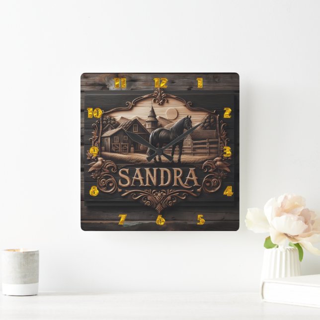 Wooden Plaque Featuring Horse and Farm Landscape Square Wall Clock (Home)
