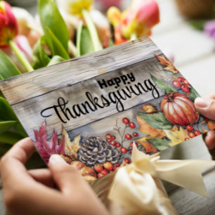 Wooden Pumpkins and Leaves Happy Thanksgiving Holiday Card
