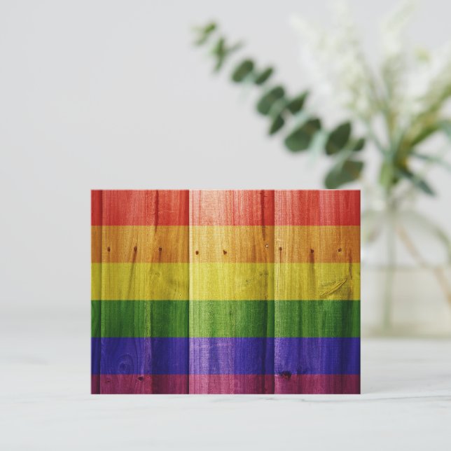 Wooden rainbow pride flag holiday postcard (Standing Front)