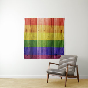 Wooden rainbow pride flag tapestry