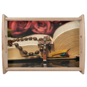 Wooden Rosary with Jesus on Cross Serving Tray