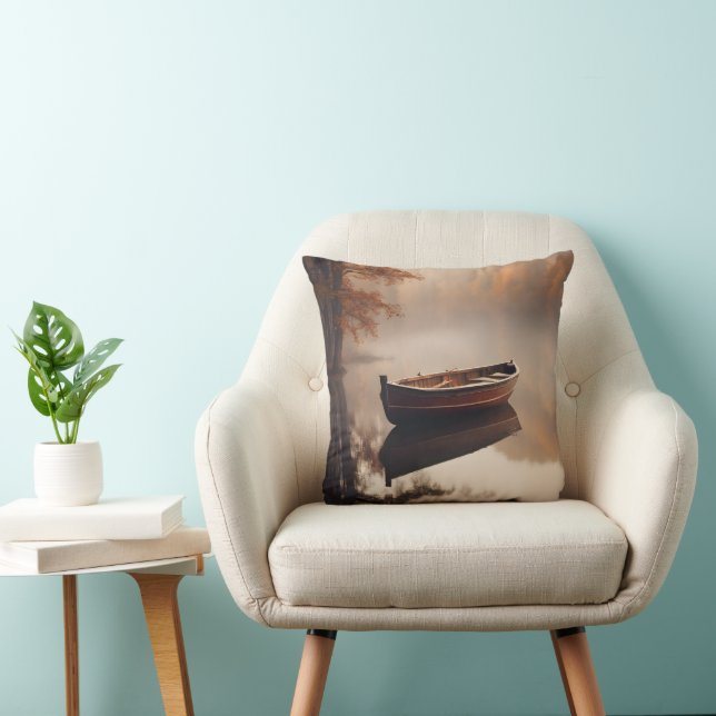 Wooden Row Boat On Autumn Lake Throw Pillow