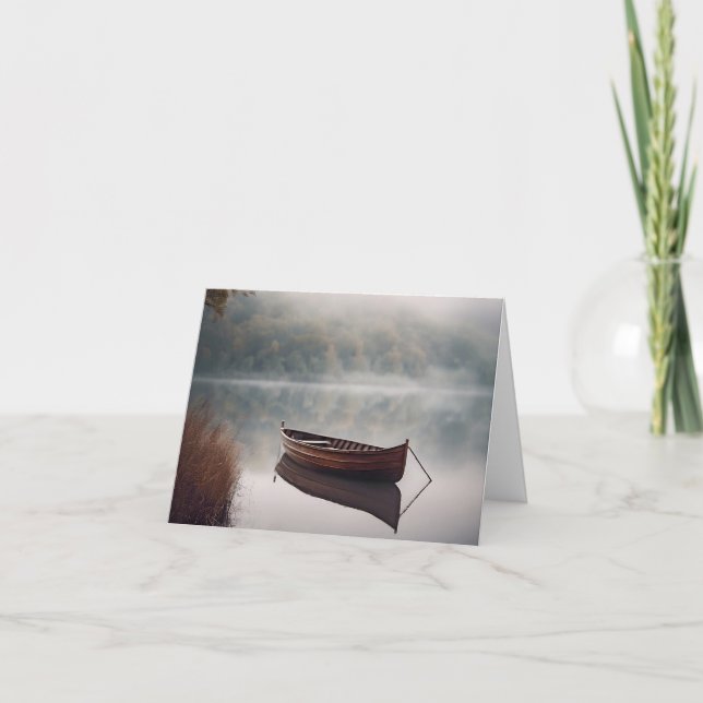 Wooden Row Boat On Misty Lake Note Card (Front)