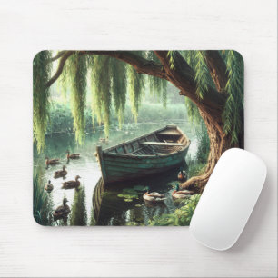 Wooden Rowboat Under a Willow Tree Mouse Pad