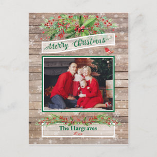 Wooden Rustic Christmas Holly Snowflake Family Postcard