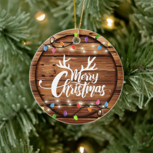 Wooden Rustic Christmas Light Script Family Photo Ceramic Ornament