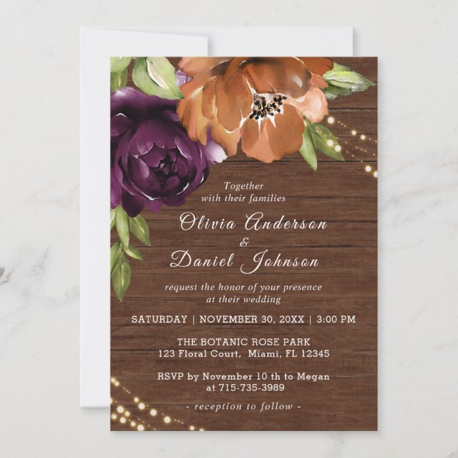Wooden Rustic Orange, Purple Wedding Invitation (Front)