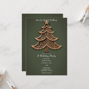 Wooden Scandinavian Green Holiday Christmas Tree Invitation