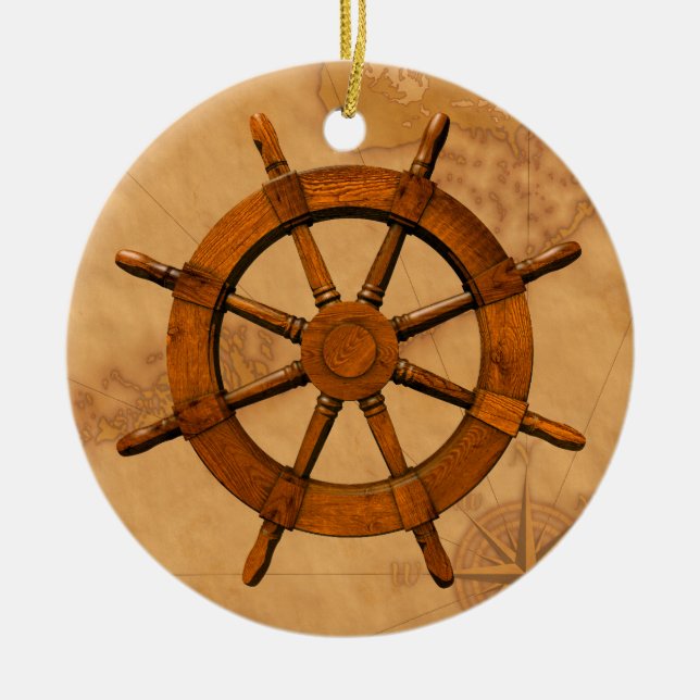 Wooden Ship Wheel Ceramic Ornament (Front)