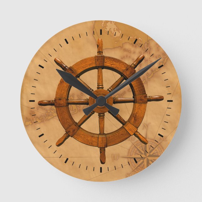 Wooden Ship Wheel Round Clock (Front)