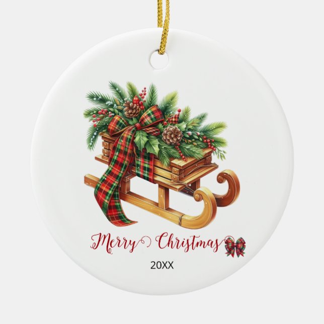 Wooden Sled Fir Branches Green & Red Plaid Ceramic Ornament (Front)