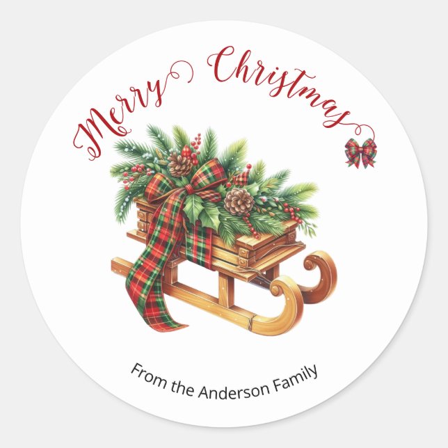 Wooden Sled Fir Branches Green & Red Plaid Classic Round Sticker (Front)