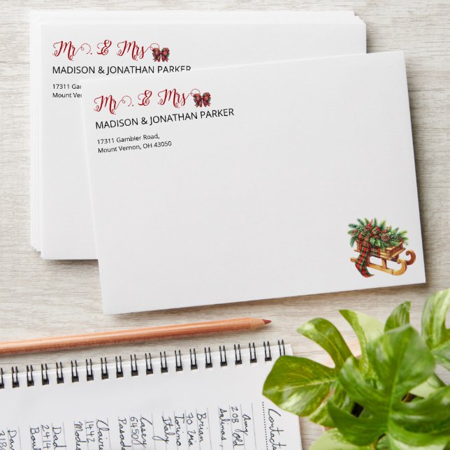 Wooden Sled Fir Branches Green & Red Plaid Envelope (Stacked)