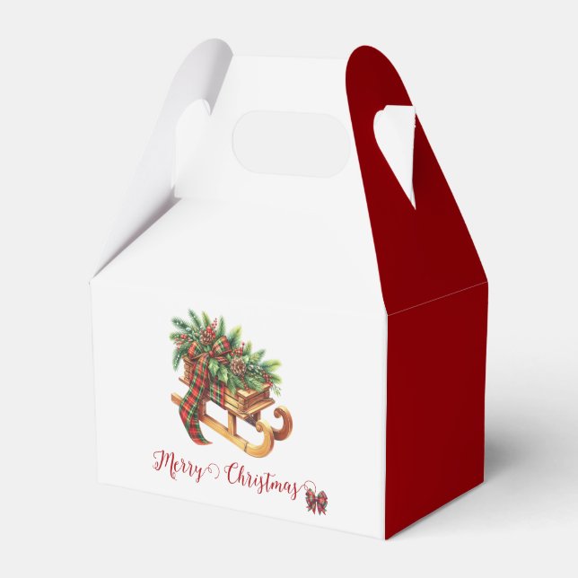 Wooden Sled Fir Branches Green & Red Plaid Favor Box (Front Side)