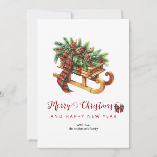 Wooden Sled Fir Branches Green & Red Plaid Holiday Card