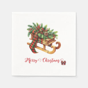 Wooden Sled Fir Branches Green & Red Plaid Napkin
