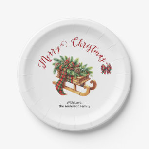 Wooden Sled Fir Branches Green & Red Plaid Paper Plate