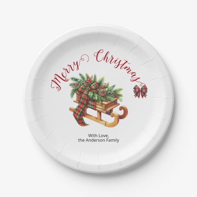 Wooden Sled Fir Branches Green & Red Plaid Paper Plate (Front)