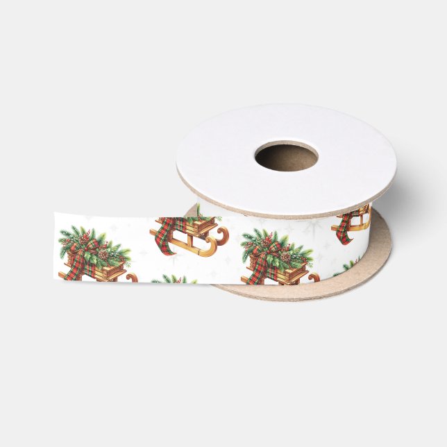 Wooden Sled Fir Branches Green & Red Plaid Satin Ribbon (Spool)