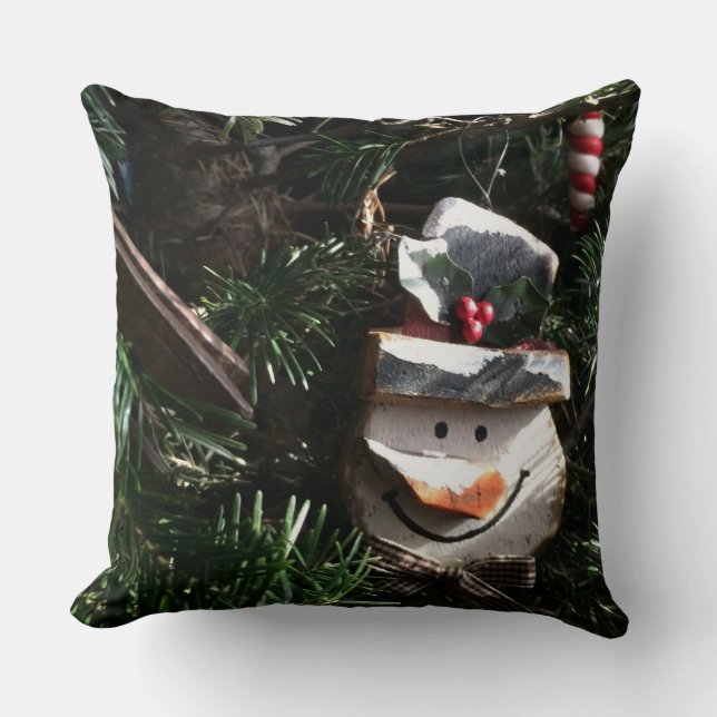 Wooden Snowman Face Throw Pillow (Front)