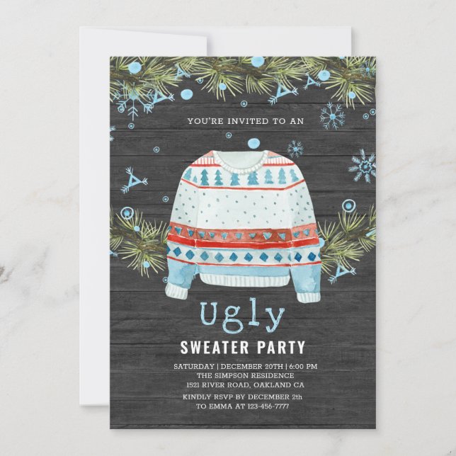 Wooden Snowy Ugly Sweater Christmas Invitation (Front)