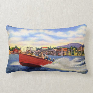 Wooden Speed Boat on Lake Coeur d'Alene, Idaho Lumbar Pillow