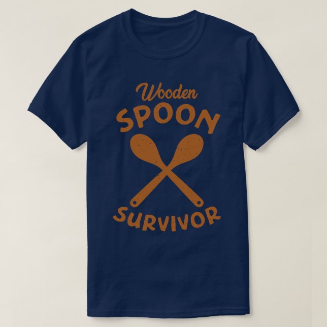 Wooden Spoon Survivor Distressed Dark Gold Text T-Shirt (Design Front)