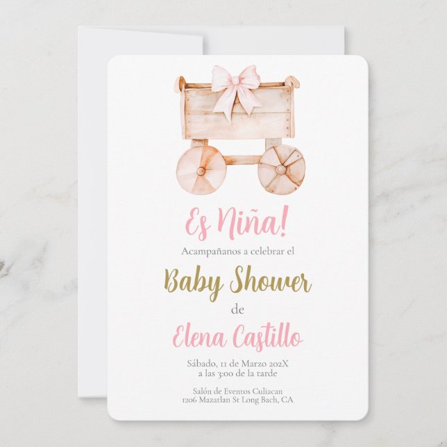 Wooden stroller Baby Shower Girl in Spanish Invitation (Front)
