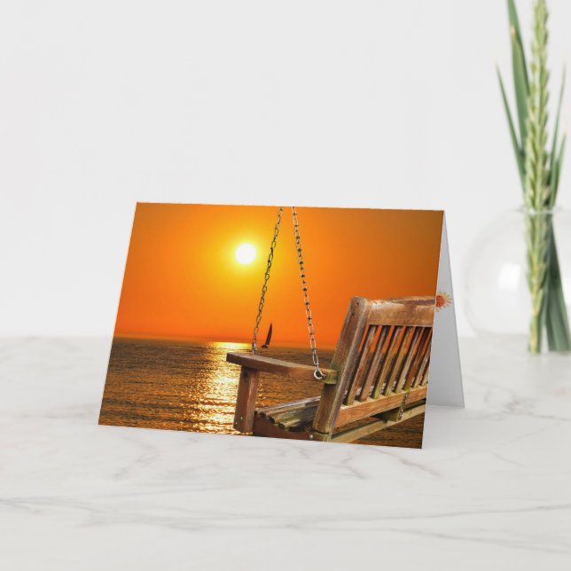wooden swing with sunset over lake scene card (Front)