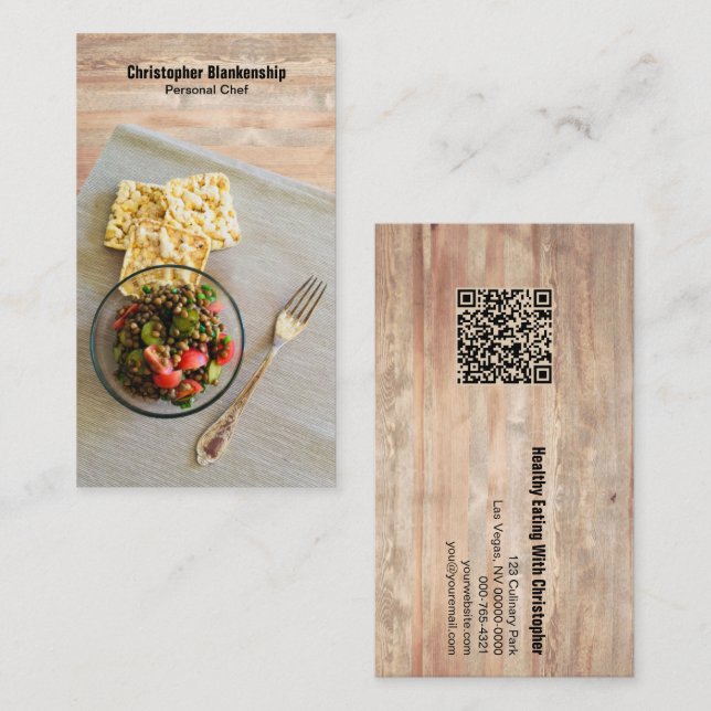 Wooden Table Setting Personal Chef QR Code Business Card (Front/Back)