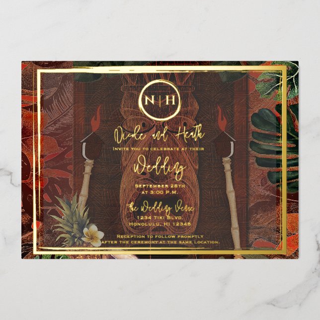 Wooden Tiki Vintage Hawaiian Gold Wedding (Front)