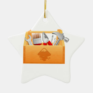 Wooden Toolbox with Tools Ceramic Ornament
