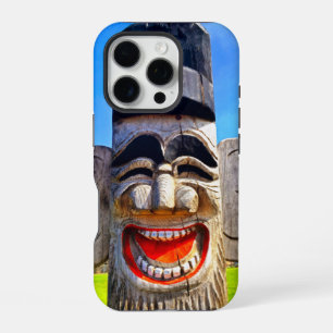 Wooden totem laughing teeth face photo bold funny iPhone 16 pro case