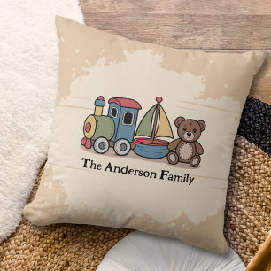 Wooden Toys with train, sailboat, and teddy bear Throw Pillow