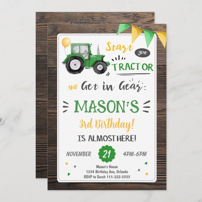 Wooden Tractor Birthday Invitation (Front/Back)