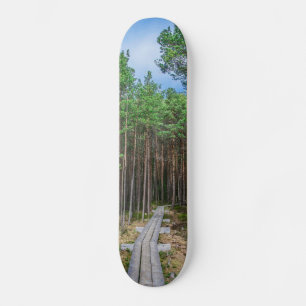Wooden trail in pine forest skateboard