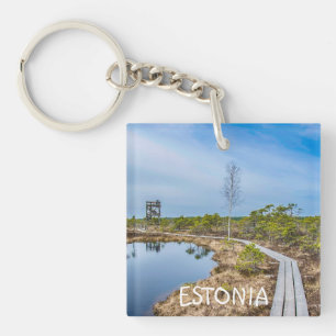 Wooden trail over swamp in Estonia Keychain
