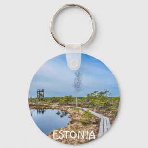 Wooden trail over swamp in Estonia Keychain