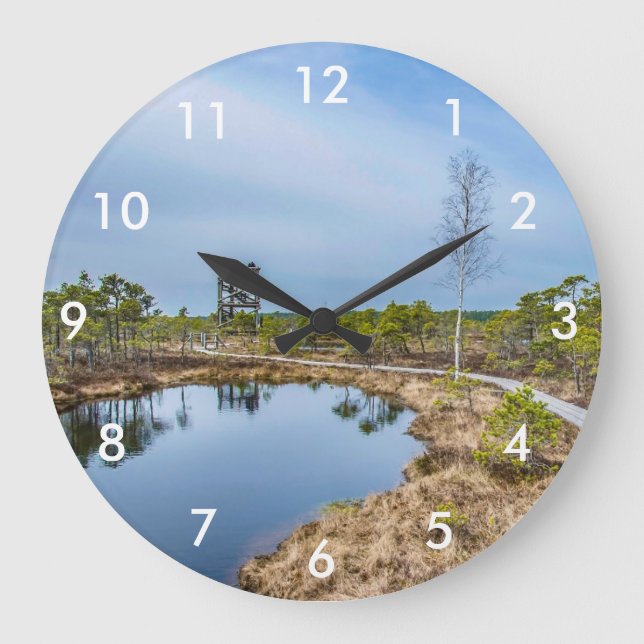 Wooden trail over swamp with tower large clock (Front)
