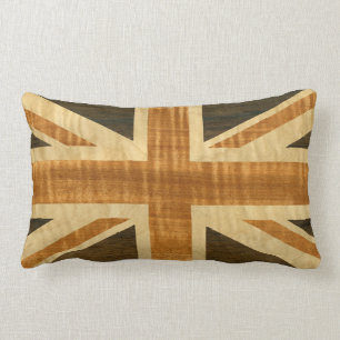 Wooden Union Jack UK Flag Lumbar Pillow