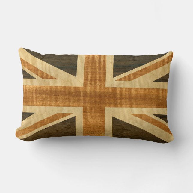 Wooden Union Jack UK Flag Lumbar Pillow (Front)